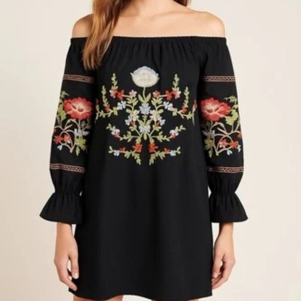 Free‎ People dress sz S Fleur Du Jour Embroidered Mini Peasant  Pockets Black